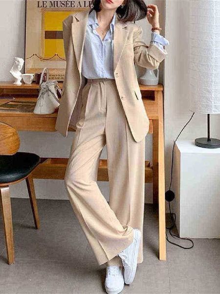 office lady blazer sets korean style two piece set womens outfits suit jacket wideleg pants suits ensemble femme 2 pieces j220813, White;black
office lady blazer sets korean style two piece set womens outfits suit jacket wideleg pants suits ensemble femme 2 pieces j220813, White;black