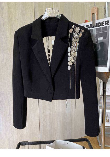 suit high street 2022 designer jacket women metal sequins necklaces crop, White;black
suit high street 2022 designer jacket women metal sequins necklaces crop, White;black