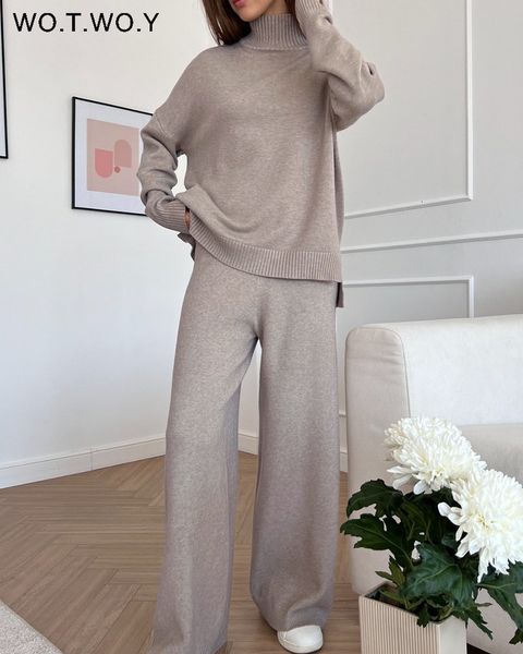 women's two piece pants wotwoy knitted 2 turtleneck sweater wide leg set women autumn winter long sleeve white pullovers female trouser 
women's two piece pants wotwoy knitted 2 turtleneck sweater wide leg set women autumn winter long sleeve white pullovers female trouser