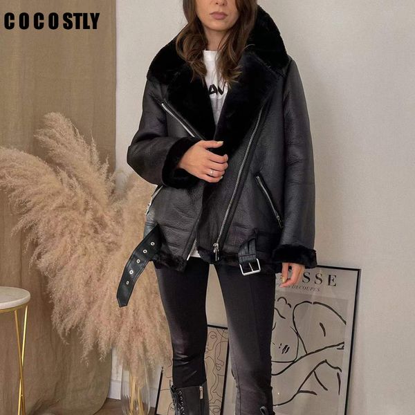 women's leather faux winter coats women thick fur sheepskin coat female jacket casaco feminino trf 221125, Black
women's leather faux winter coats women thick fur sheepskin coat female jacket casaco feminino trf 221125, Black