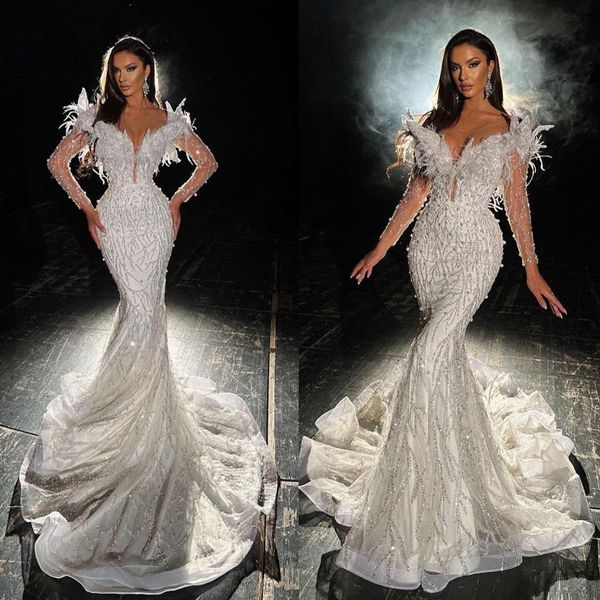 luxury feather pearls wedding dresses v neck mermaid bride gown illusion beads sequins lace robe de mariee custom made, White
luxury feather pearls wedding dresses v neck mermaid bride gown illusion beads sequins lace robe de mariee custom made, White