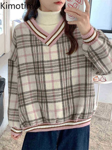 women's sweaters kimotimo contrast color plaid sweater women autumn new retro vhals loose sweater korean chic lazy long sleeve fashion, White;black
women's sweaters kimotimo contrast color plaid sweater women autumn new retro vhals loose sweater korean chic lazy long sleeve fashion, White;black