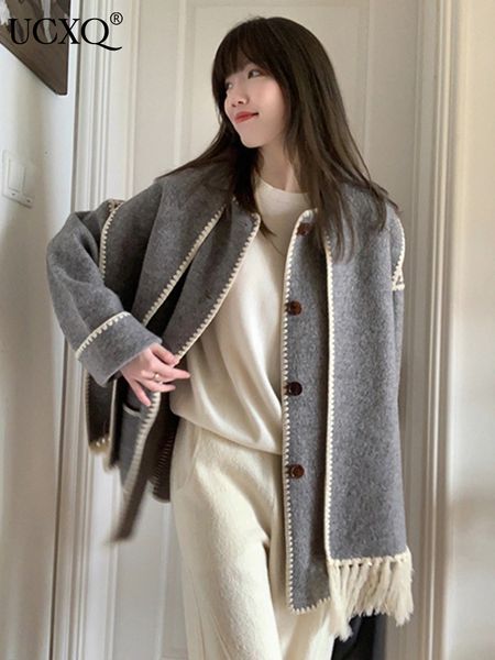 women's wool blends ucxq korean casual tassels scarf single breasted women woolen overcoat autumn loose gary streetwear long sleeve coa, Black
women's wool blends ucxq korean casual tassels scarf single breasted women woolen overcoat autumn loose gary streetwear long sleeve coa, Black
