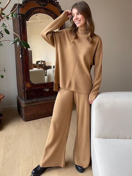 women's two piece pants autumn winter fashion knit suits solid loose half high collar sweaters wideleg pants sets casual long sleeve wo, White
women's two piece pants autumn winter fashion knit suits solid loose half high collar sweaters wideleg pants sets casual long sleeve wo, White