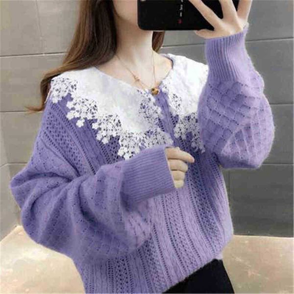 women's sweaters 2021 new autumn sweater female korean version loose autumn winter outerwear lace turn down collar knitted sweater zy53, White;black
women's sweaters 2021 new autumn sweater female korean version loose autumn winter outerwear lace turn down collar knitted sweater zy53, White;black