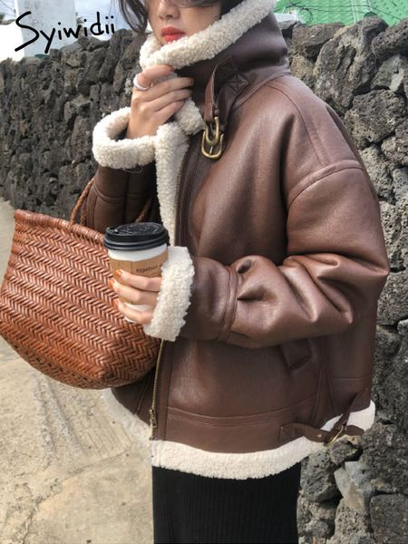 women's fur faux syiwidii coat fall winter jacket for women loose warm lambswool thicken locomotive lapel female pu outerwear 221129, Black
women's fur faux syiwidii coat fall winter jacket for women loose warm lambswool thicken locomotive lapel female pu outerwear 221129, Black