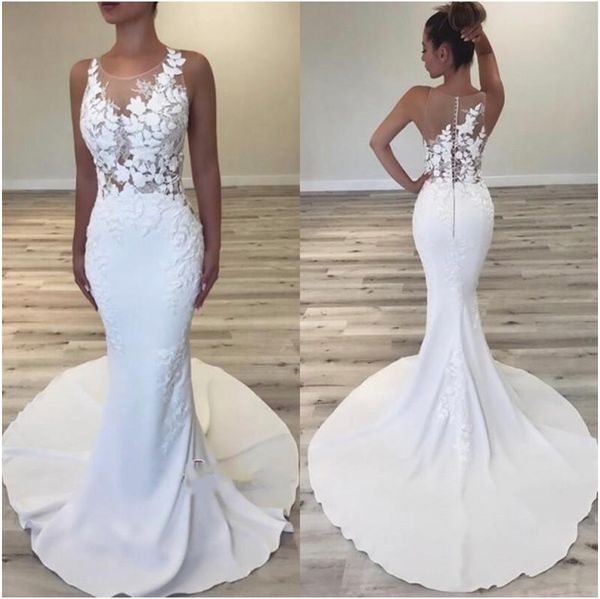 flower appliqued lace spandex wedding dresses mermaid sheer neck sleeveless modern bridal gowns swep train vestido de noiva, White
flower appliqued lace spandex wedding dresses mermaid sheer neck sleeveless modern bridal gowns swep train vestido de noiva, White
