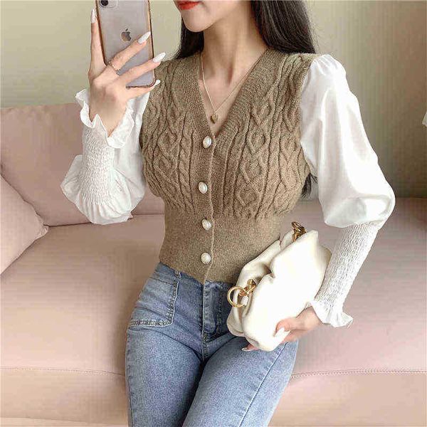 women's sweaters vest women slim long sleeve sweater jacket women stitching puff sleeves knit korean fashion 2021 autumn winter outfit, White;black
women's sweaters vest women slim long sleeve sweater jacket women stitching puff sleeves knit korean fashion 2021 autumn winter outfit, White;black