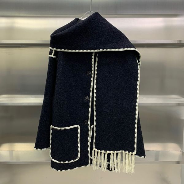 women's wool blends vintage original scarf collar design luxury en coat color contrast pocket tassel famous brand 221129, Black
women's wool blends vintage original scarf collar design luxury en coat color contrast pocket tassel famous brand 221129, Black
