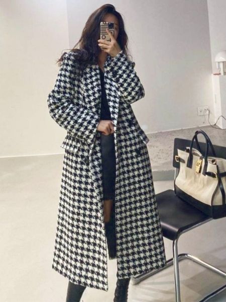 women's wool blends women long plaid woolen coat slim houndstooth jacket 221129, Black
women's wool blends women long plaid woolen coat slim houndstooth jacket 221129, Black