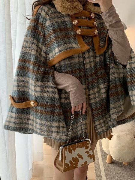 women's wool blends xgoth original elegant cape coat women winter oversize vintage plaid female high street thickened warm woolen 22112, Black
women's wool blends xgoth original elegant cape coat women winter oversize vintage plaid female high street thickened warm woolen 22112, Black