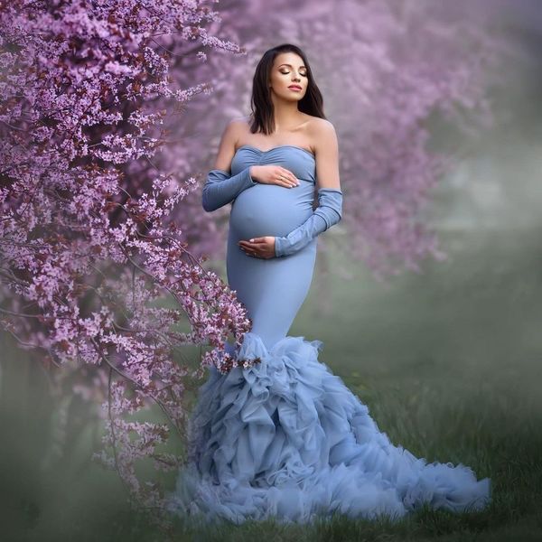 blue sweetheart mermaid maternity dress ruffles train prom dresses with removable sleeves party robes for pshoot, Black
blue sweetheart mermaid maternity dress ruffles train prom dresses with removable sleeves party robes for pshoot, Black