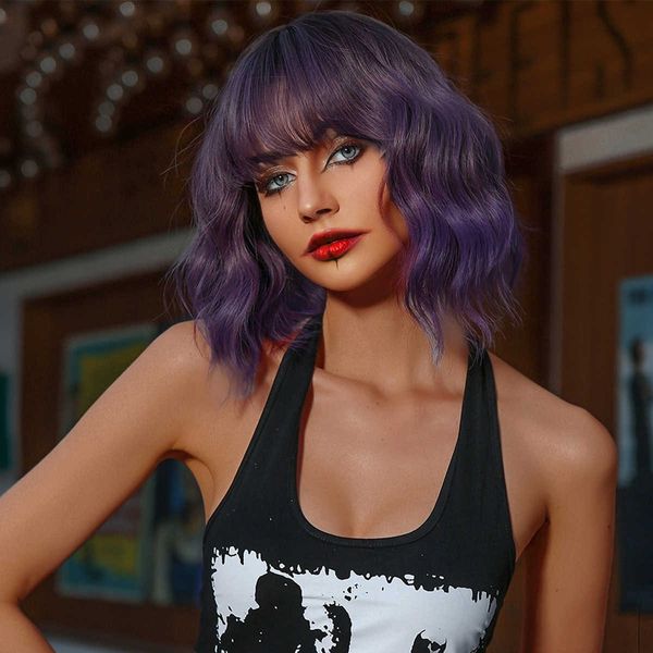 headwear hair accessories 14 inch white women synthetic wigs short water wave purple wigs with bangs for cosplay party
headwear hair accessories 14 inch white women synthetic wigs short water wave purple wigs with bangs for cosplay party
