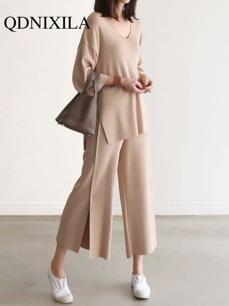 women's two piece pants women knitted sweater two pieces sets spring autumn vneck loose pullovers sweater wideleg pants knitwear 2pcs, White
women's two piece pants women knitted sweater two pieces sets spring autumn vneck loose pullovers sweater wideleg pants knitwear 2pcs, White