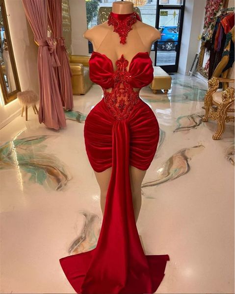 red velvet halter evening dresses for black girls mermaid mini cocktail dress with train african birthday party gown robe de bal, Black;red
red velvet halter evening dresses for black girls mermaid mini cocktail dress with train african birthday party gown robe de bal, Black;red