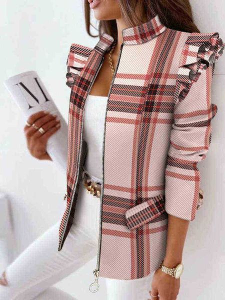 new slimfit cardigan fashion street plaid print suit jacket casual lapel elegant coat ruffled longsleeved zipper jacket women j220813, White;black
new slimfit cardigan fashion street plaid print suit jacket casual lapel elegant coat ruffled longsleeved zipper jacket women j220813, White;black