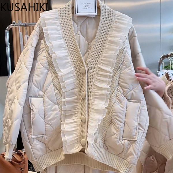 women's down parkas kusahiki chic ruffle knitted patchwork women autumn winter causal long sleeve v-neck jacket sweet korean parka coat, Black
women's down parkas kusahiki chic ruffle knitted patchwork women autumn winter causal long sleeve v-neck jacket sweet korean parka coat, Black