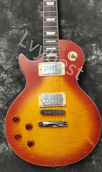 electric guitar customized left hand cherry burst with flame no pickguard chrome parts
electric guitar customized left hand cherry burst with flame no pickguard chrome parts