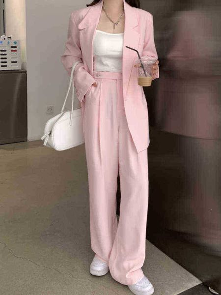 women spring casual loose blazer pantsuit long sleeve jacket pants 2 piece set female fashion korean company pants suit j220813, White;black
women spring casual loose blazer pantsuit long sleeve jacket pants 2 piece set female fashion korean company pants suit j220813, White;black