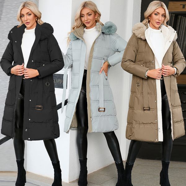 women's down parkas cotton coat winter fashion fur collar jacket warm slim hooded long 221129, Black
women's down parkas cotton coat winter fashion fur collar jacket warm slim hooded long 221129, Black