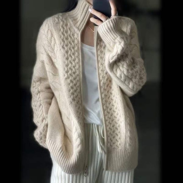 

women's knits tees autumn and winter thick turtleneck cashmere knitted cardigan loose wool sweater larg size female jacket 221130, White