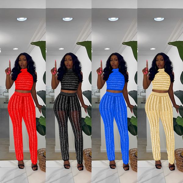 women's two piece pants mesh perspective drill pants sleeveless fashion suit, White
women's two piece pants mesh perspective drill pants sleeveless fashion suit, White