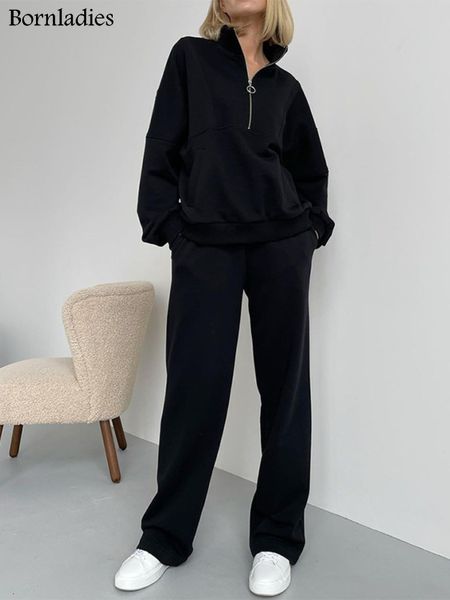 women's two piece pants bornladies casual half zipper collar loose two piece set autumn winter pullovers and wide leg matching 221130, White 
women's two piece pants bornladies casual half zipper collar loose two piece set autumn winter pullovers and wide leg matching 221130, White