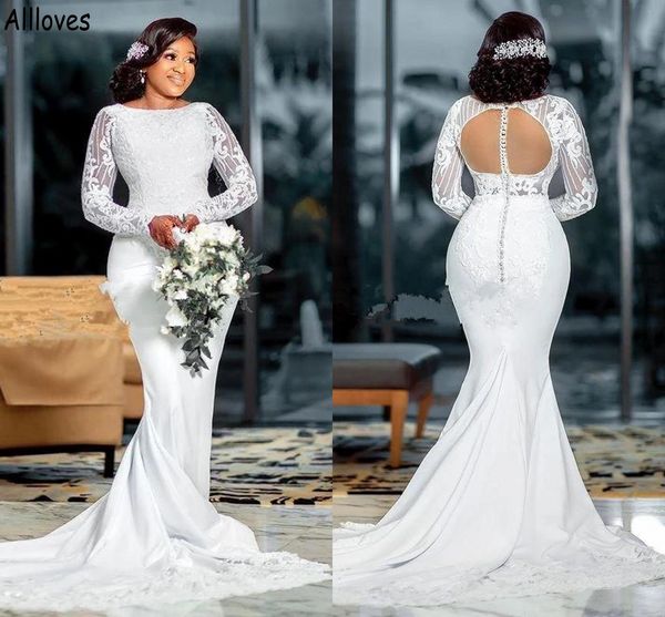 elegant white satin african mermaid wedding dresses jewel neck long sleeves bridal gowns plus size lace appliqued see through back vestidos
elegant white satin african mermaid wedding dresses jewel neck long sleeves bridal gowns plus size lace appliqued see through back vestidos