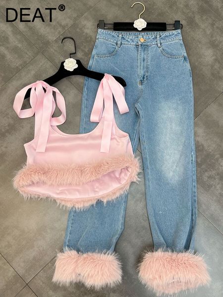 women's two piece pants deat simple elegant fashionable ribbon bow decoration rough edge tanks loose burrs spliced jeans two pic set 11, White
women's two piece pants deat simple elegant fashionable ribbon bow decoration rough edge tanks loose burrs spliced jeans two pic set 11, White