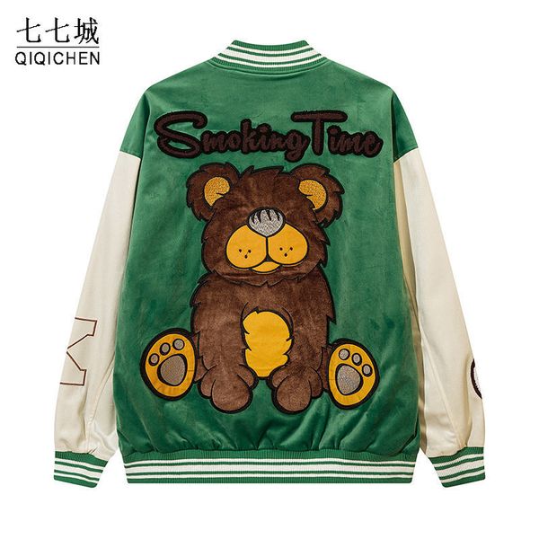 men's jackets mens hip hop suede baseball jacket coat embroidey bear patchwork bomber gothic street varsity y2k autumn spring 221129, Black;brown