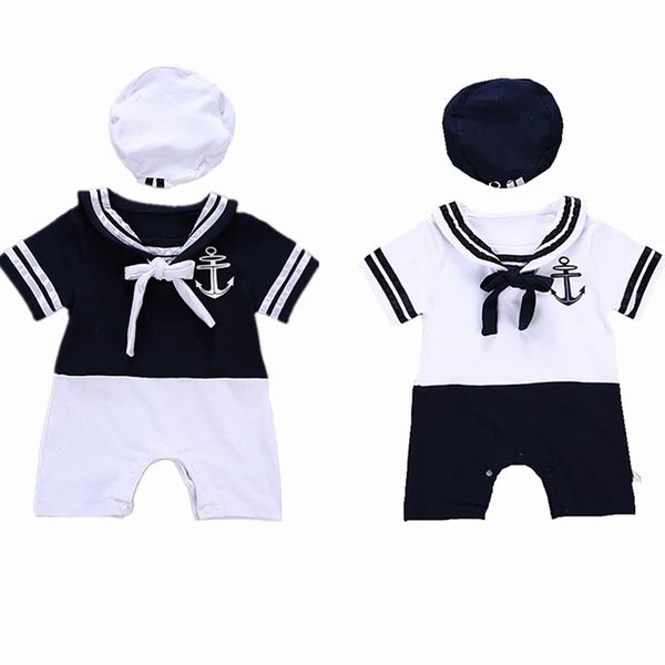 

Newborn Baby Boy Clothes Sailor Collar Romper Bodysuit Toddler Playsuit Hat Outfit Set Casual Clothes, Prussian blue