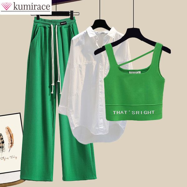 women's two piece pants korean summer casual set green wide leg trousers white shirt suspender vest three female tracksuit blous 221130
women's two piece pants korean summer casual set green wide leg trousers white shirt suspender vest three female tracksuit blous 221130