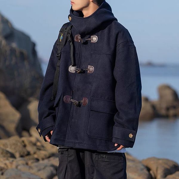 men's wool blends autumn and winter products retro parker style solid color horn buckle hooded woolen coat jacket 221129, Black
men's wool blends autumn and winter products retro parker style solid color horn buckle hooded woolen coat jacket 221129, Black