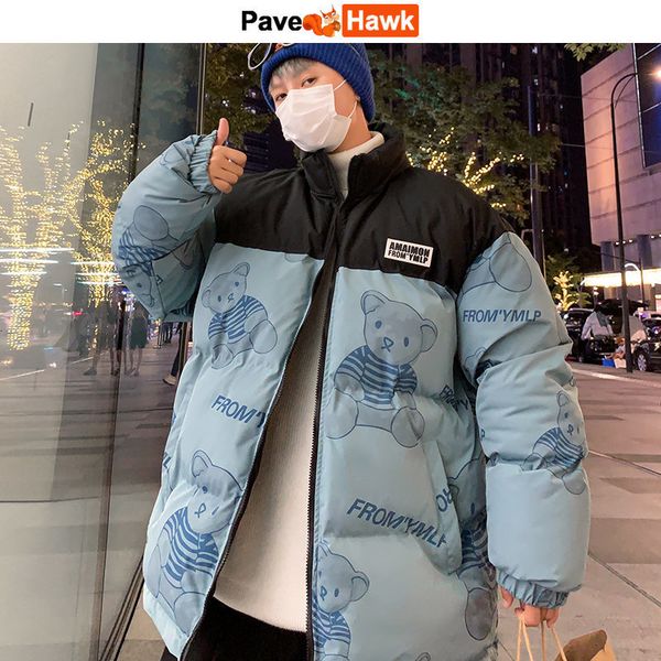 men's down parkas winter patchwork padded jacket men cartoon bear print windbreaker thicken warm parka casual retro loose college coat, Black 
men's down parkas winter patchwork padded jacket men cartoon bear print windbreaker thicken warm parka casual retro loose college coat, Black