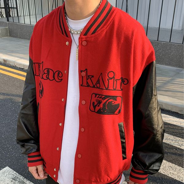 men's jackets retro american baseball uniform street men jacket stitching leather sleeves loose harajuku style couple campus clothes 22, Black;brown
men's jackets retro american baseball uniform street men jacket stitching leather sleeves loose harajuku style couple campus clothes 22, Black;brown