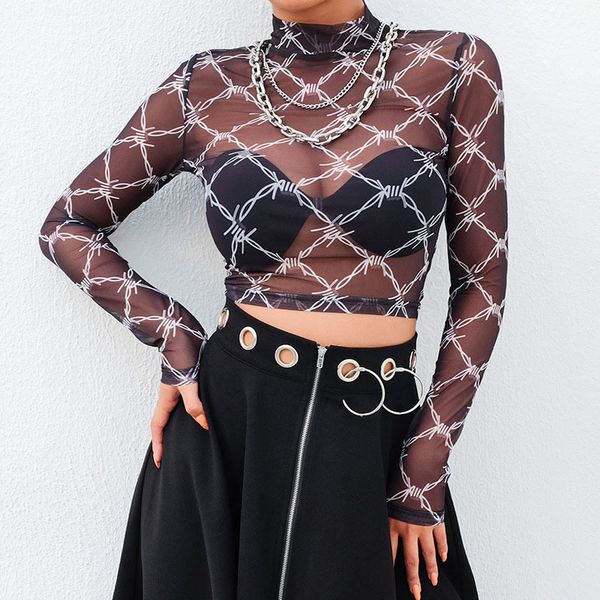 women's t-shirt mesh tee shirt femme long sleeve crop chain print t shirt women streetwear vintage fishnet, White
women's t-shirt mesh tee shirt femme long sleeve crop chain print t shirt women streetwear vintage fishnet, White