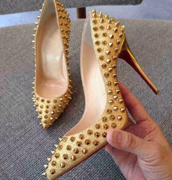 high heels shoes wedding shoes pumps nude patent rivet spikes poined toes women lady leather, Black