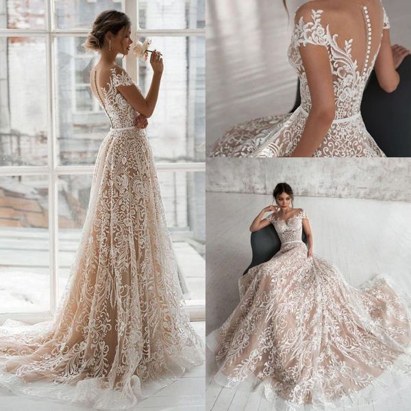 elegant cap sleeves lace a line wedding dresses 2023 sheer mesh court train garden bridal wedding gowns robe de mariee with buttons back bc1, White
elegant cap sleeves lace a line wedding dresses 2023 sheer mesh court train garden bridal wedding gowns robe de mariee with buttons back bc1, White