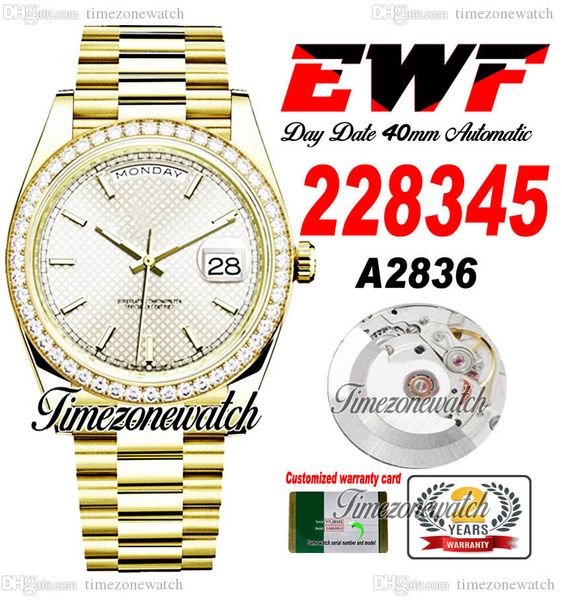 ewf daydate 40 228345 a2836 automatic mens watch diamonds bezel yellow gold silver stick dial oystersteel bracelet same serial card super ed, Slivery;brown
ewf daydate 40 228345 a2836 automatic mens watch diamonds bezel yellow gold silver stick dial oystersteel bracelet same serial card super ed, Slivery;brown