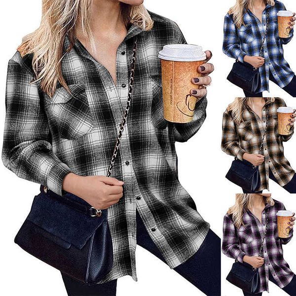 autumn and winter 2022 women's medium long loose collar cardigan plaid shirt, White
autumn and winter 2022 women's medium long loose collar cardigan plaid shirt, White
