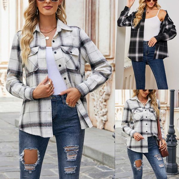 2022 women's ms new coat black shirt and fashion plaid long sleeve pocket shirt, White
2022 women's ms new coat black shirt and fashion plaid long sleeve pocket shirt, White