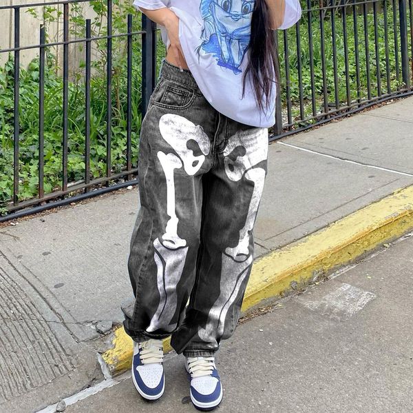 spring and fall new high waisted straight leg jeans women's street fashion personality bone print pattern wash retro pants, Blue
spring and fall new high waisted straight leg jeans women's street fashion personality bone print pattern wash retro pants, Blue