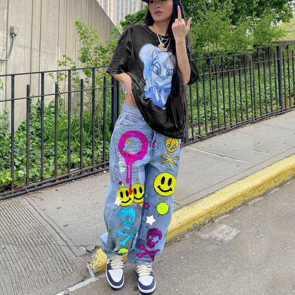 spring and fall new high waisted straight leg jeans women's street fashion personality smiling face skull print wash vintage pants, Blue
spring and fall new high waisted straight leg jeans women's street fashion personality smiling face skull print wash vintage pants, Blue