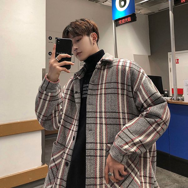 men's wool blends men's fashion plaid printing jackets midlength woolen blends cashmere long coats loose woolen whiteblack trench, Black
men's wool blends men's fashion plaid printing jackets midlength woolen blends cashmere long coats loose woolen whiteblack trench, Black
