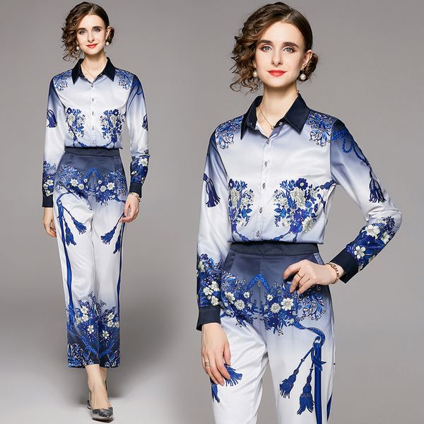elegant women's two piece sets pants floral printed 2022 designer runway ladies long sleeve button shirts and wide leg trousers suits, White
elegant women's two piece sets pants floral printed 2022 designer runway ladies long sleeve button shirts and wide leg trousers suits, White
