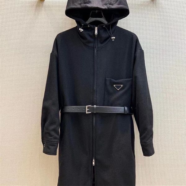 wool hooded belt trench coat with classic triangular embellishment and metal long wool windbreaker, Black
wool hooded belt trench coat with classic triangular embellishment and metal long wool windbreaker, Black