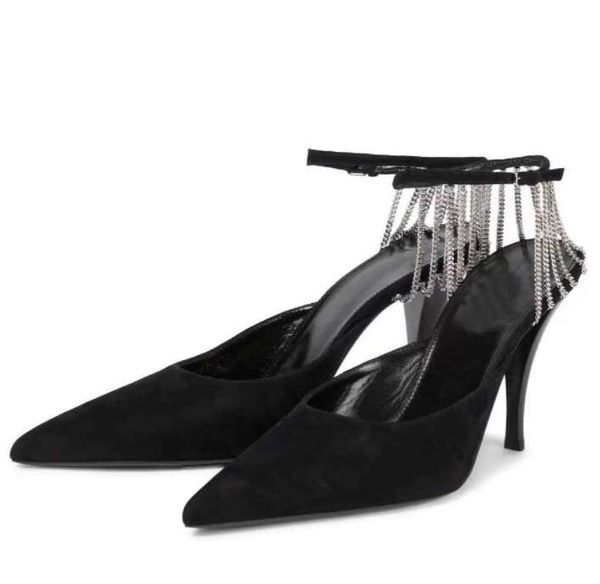 elegant women's sandals leather suede metal chain decorative ankle buckle pointed summer fashion evening dress party, Black
elegant women's sandals leather suede metal chain decorative ankle buckle pointed summer fashion evening dress party, Black