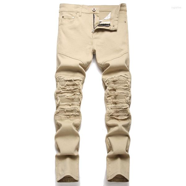 men's jeans fashion men's biker pants slim fit pleated motocycle denim trousers brand designer high elastic khaki ripped, Blue
men's jeans fashion men's biker pants slim fit pleated motocycle denim trousers brand designer high elastic khaki ripped, Blue