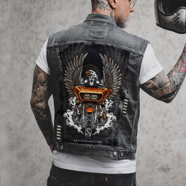 men's autumn new ripped sleeveless denim vest jacket street fashion personality owl print motorcycle punk cycling vest four seasons out, Black;white
men's autumn new ripped sleeveless denim vest jacket street fashion personality owl print motorcycle punk cycling vest four seasons out, Black;white