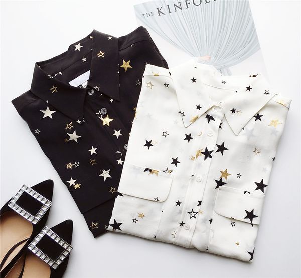 2022 autumn white / black gold stars blouse french style printed long sleeves lapel neck 100% silk double pockets buttons single-breasted sh
2022 autumn white / black gold stars blouse french style printed long sleeves lapel neck 100% silk double pockets buttons single-breasted sh
